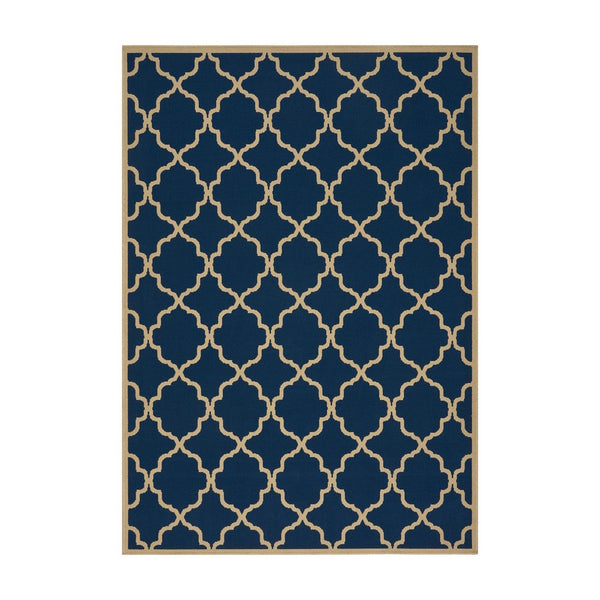 5 x 8 Outdoor Small Area Rug, Blue Ivory Geometric Quatrefoil Pattern -BM335158