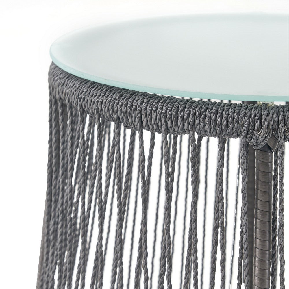 Penny Outdoor Side End Table, 19 Inch Glass Top, Black Rope Woven Base -BM335164