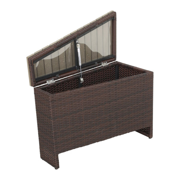 Outdoor Storage Accent Table w Slatted Wedge Top, Brown Wicker Woven -BM335166