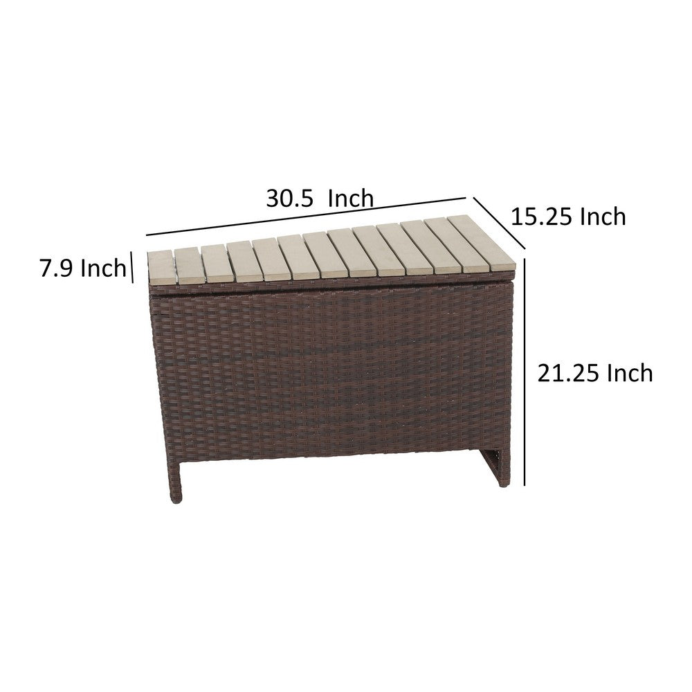 Outdoor Storage Accent Table w Slatted Wedge Top, Brown Wicker Woven -BM335166