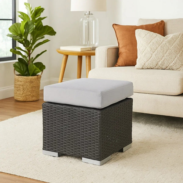 Outdoor Ottoman, 16 Inch Square Gray Woven Frame with Plush Cushion -BM335168