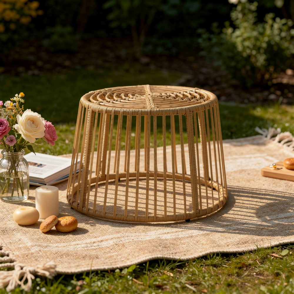 Laine Outdoor Side End Table, 20 Inch Round Top, Brown Rope Woven Base -BM335169