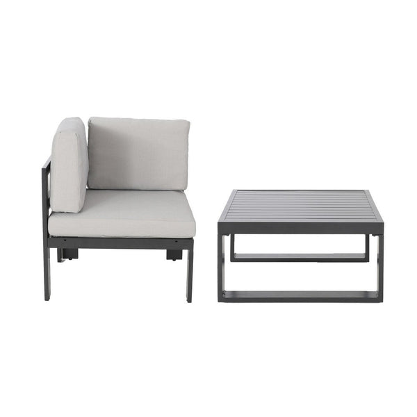 Devy 2pc Outdoor Corner Chair and Coffee Table Set, White, Gray Metal -BM335174