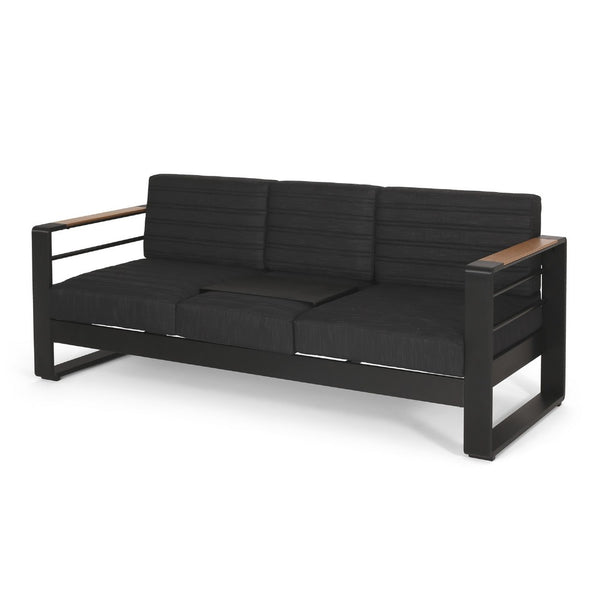 Vinia 3 Seater Outdoor Sofa, Plush Cushions, 77 Inch Black Aluminum -BM335175