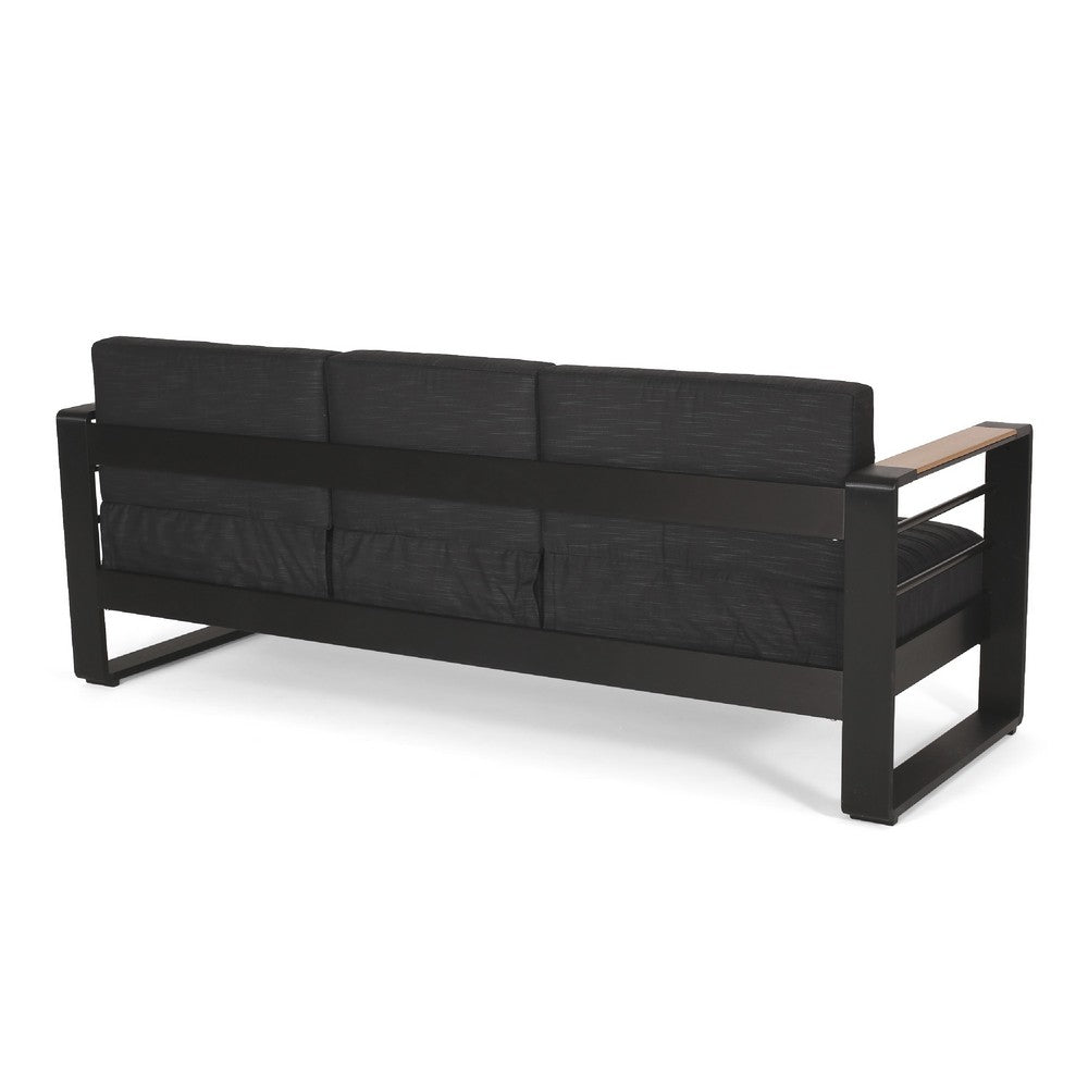 Vinia 3 Seater Outdoor Sofa, Plush Cushions, 77 Inch Black Aluminum -BM335175
