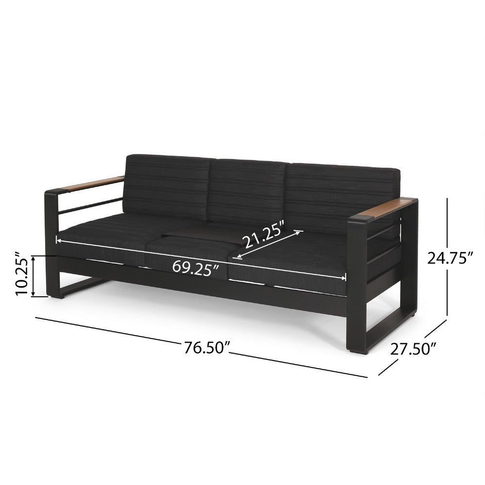 Vinia 3 Seater Outdoor Sofa, Plush Cushions, 77 Inch Black Aluminum -BM335175