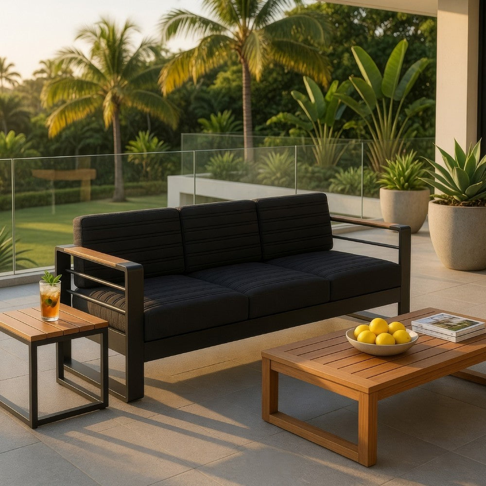 Vinia 3 Seater Outdoor Sofa, Plush Cushions, 77 Inch Black Aluminum -BM335175