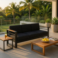 Vinia 3 Seater Outdoor Sofa, Plush Cushions, 77 Inch Black Aluminum -BM335175