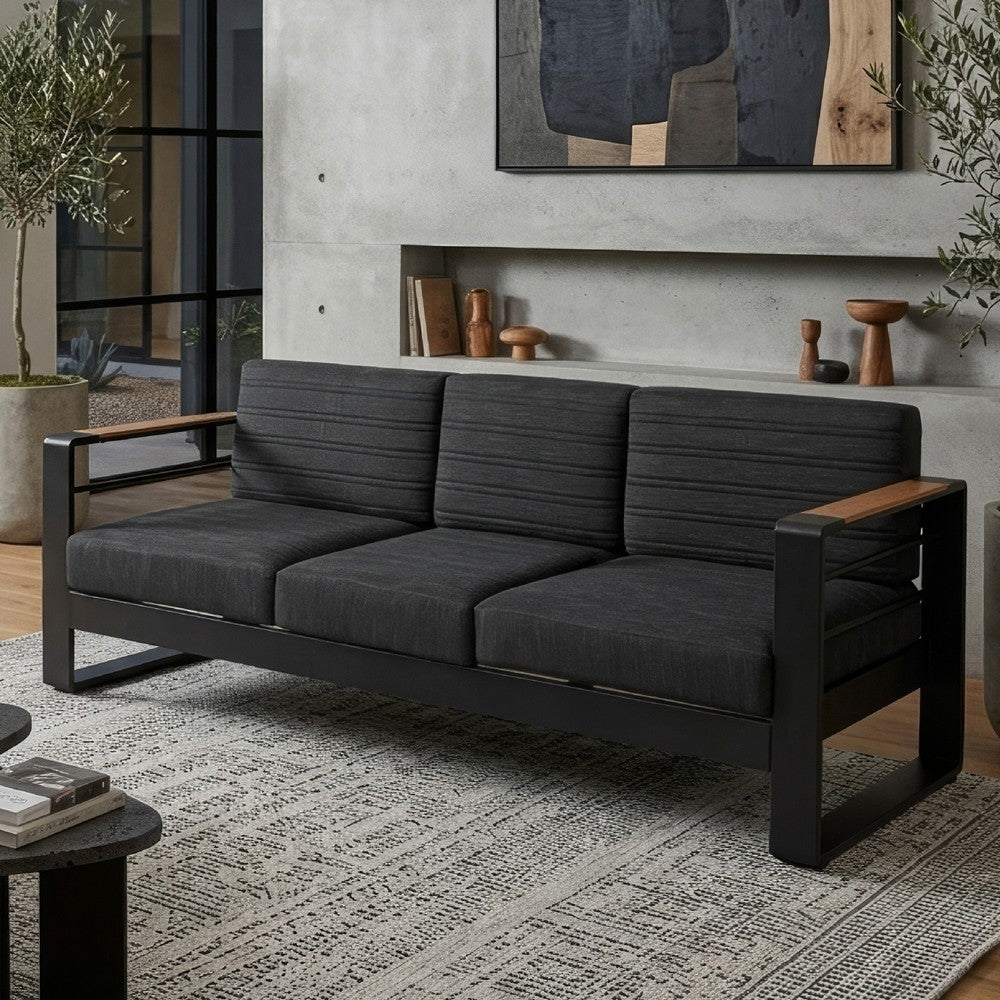 Vinia 3 Seater Outdoor Sofa, Plush Cushions, 77 Inch Black Aluminum -BM335175