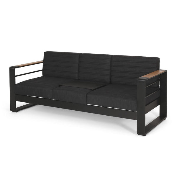 Vinia 3 Seater Outdoor Sofa, Plush Cushions, 77 Inch Black Aluminum -BM335175