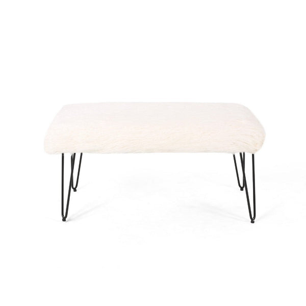 Saki Ottoman Bench, Black Modern Hairpin Legs, White Faux Fur, 34 Inch -BM335182