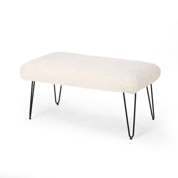 Saki Ottoman Bench, Black Modern Hairpin Legs, White Faux Fur, 34 Inch -BM335182