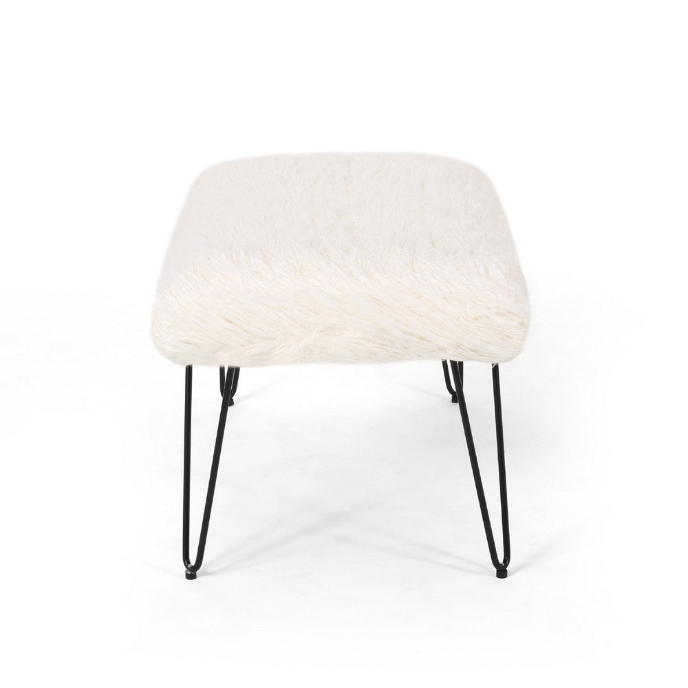 Saki Ottoman Bench, Black Modern Hairpin Legs, White Faux Fur, 34 Inch -BM335182