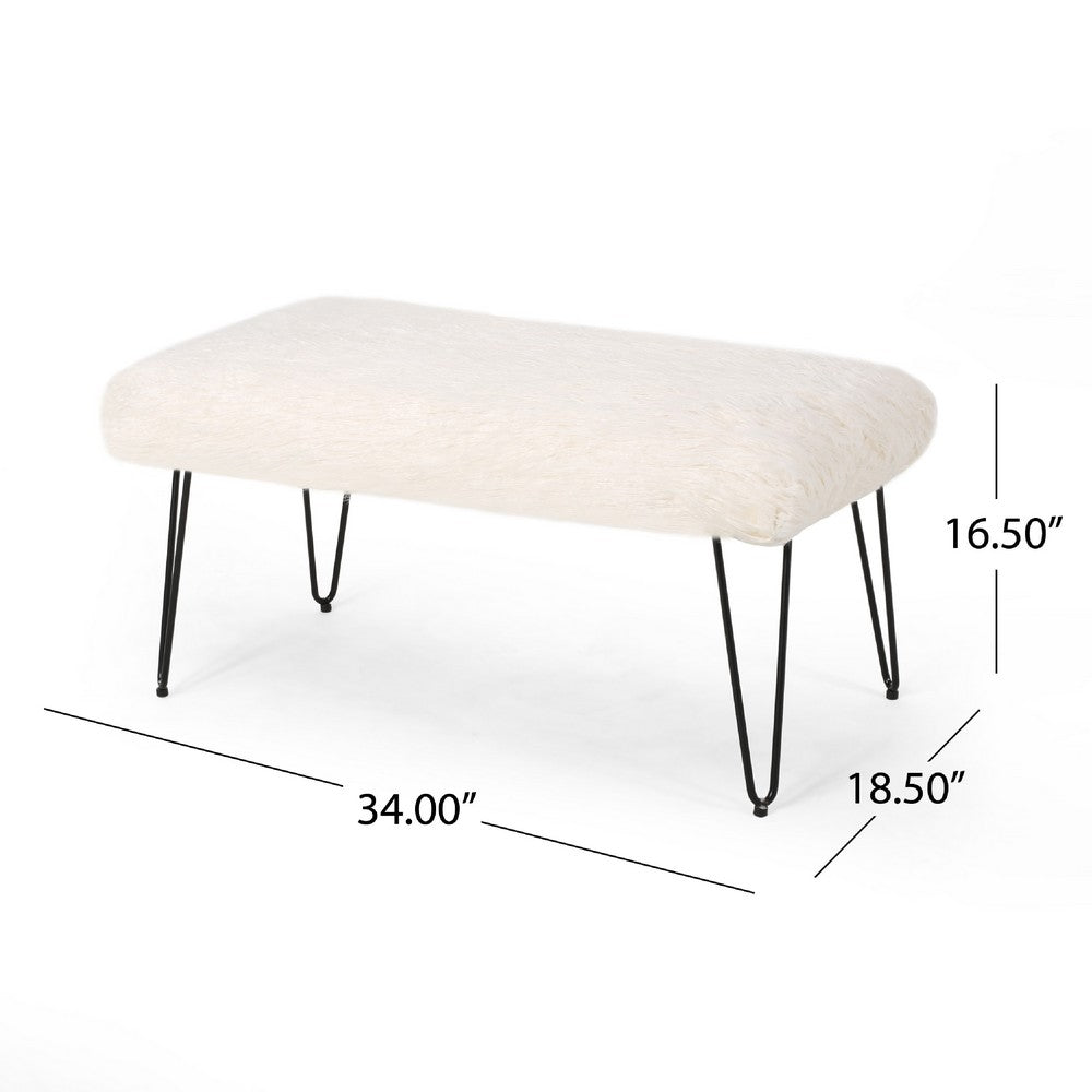Saki Ottoman Bench, Black Modern Hairpin Legs, White Faux Fur, 34 Inch -BM335182