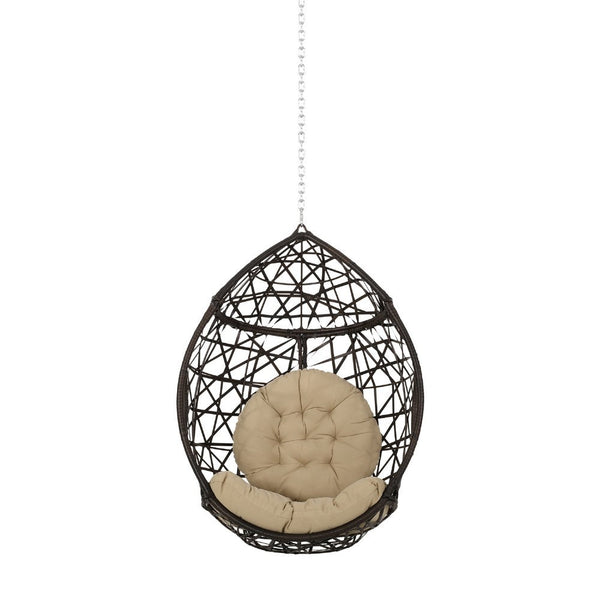 Luca Teardrop Hanging Chair, Tufted Cushions, Brown Faux Rattan Iron -BM335185
