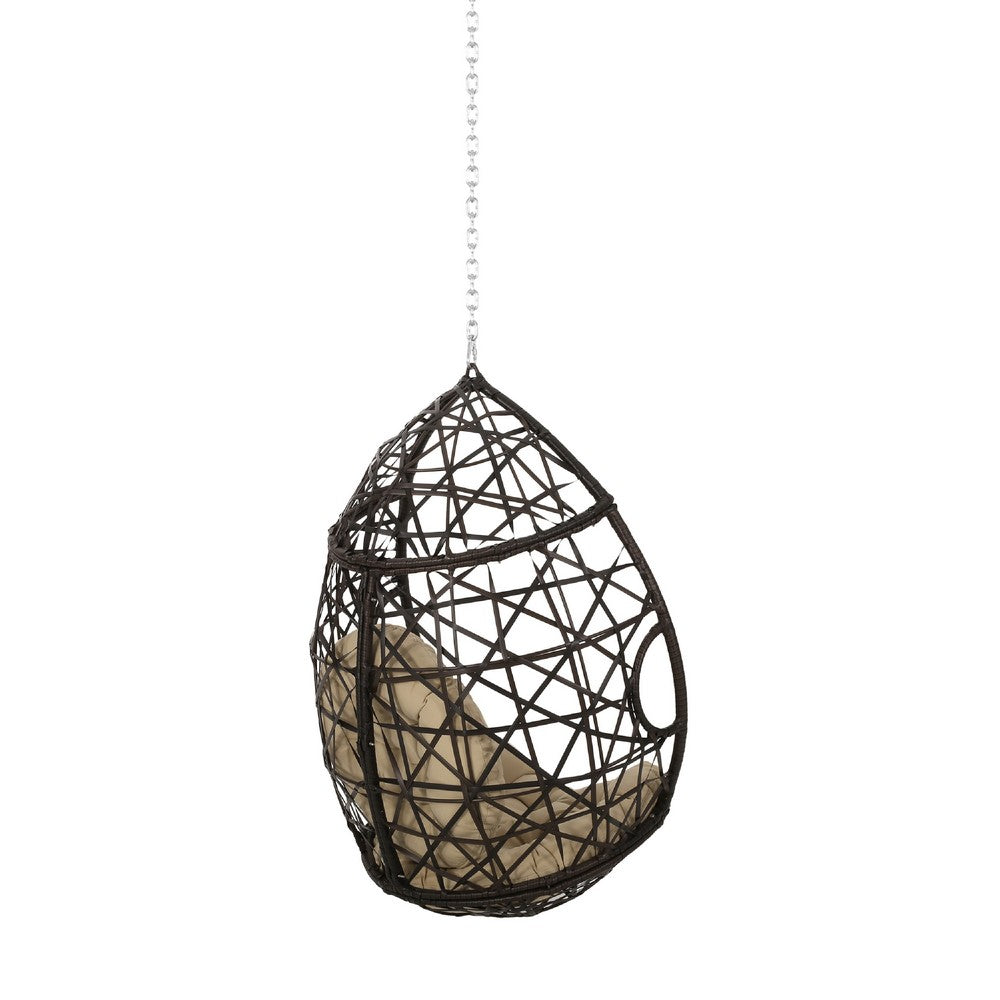 Luca Teardrop Hanging Chair, Tufted Cushions, Brown Faux Rattan Iron -BM335185
