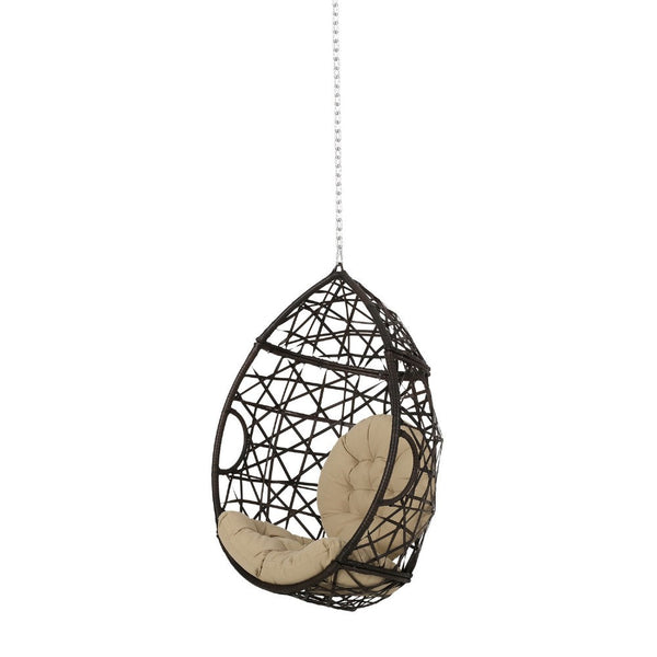 Luca Teardrop Hanging Chair, Tufted Cushions, Brown Faux Rattan Iron -BM335185