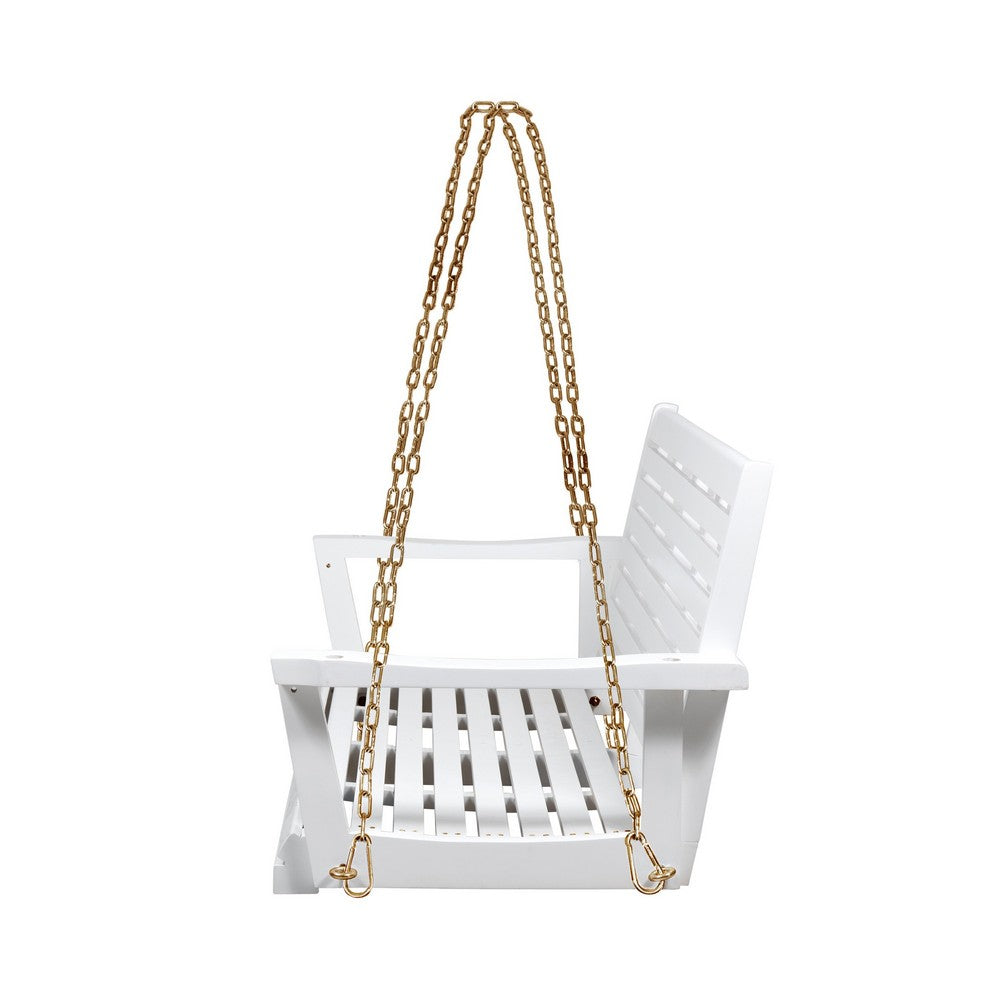 Mania Porch Swing Bench with Hanging Chain, Slatted White Acacia Wood -BM335186