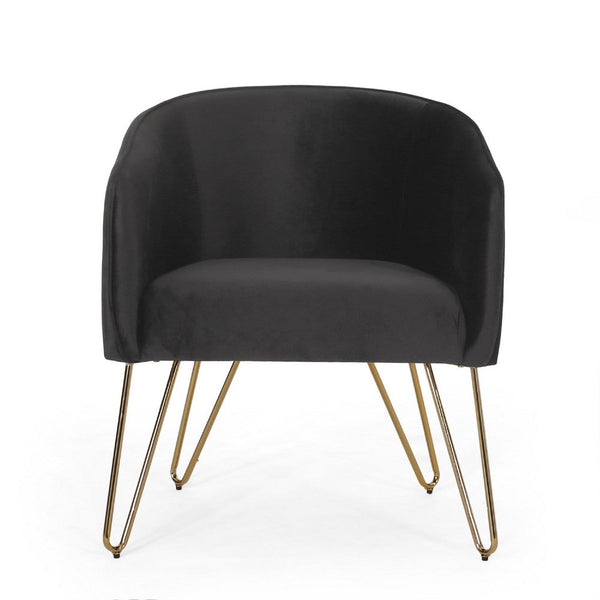 Anya Lounge Armchair, Gold Hairpin Legs, Curved Round Black Velvet -BM335187