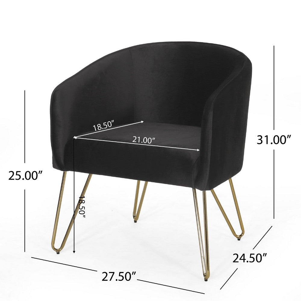 Anya Lounge Armchair, Gold Hairpin Legs, Curved Round Black Velvet -BM335187