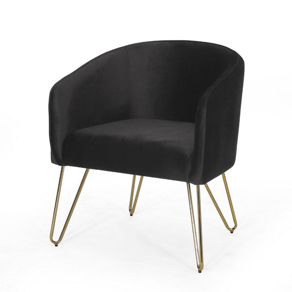 Anya Lounge Armchair, Gold Hairpin Legs, Curved Round Black Velvet -BM335187