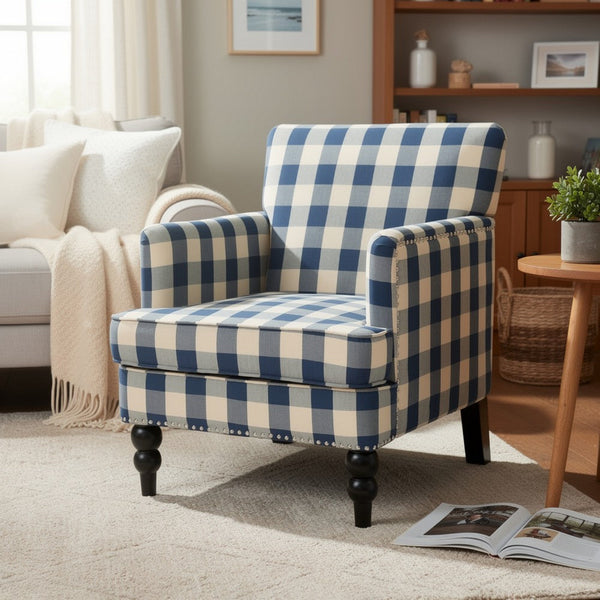 Lit Club Accent Chair with Turned Legs, Blue Black and Cream Fabric -BM335188