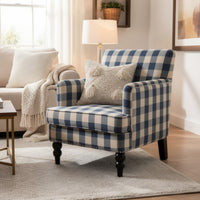 Lit Club Accent Chair with Turned Legs, Blue Black and Cream Fabric -BM335188