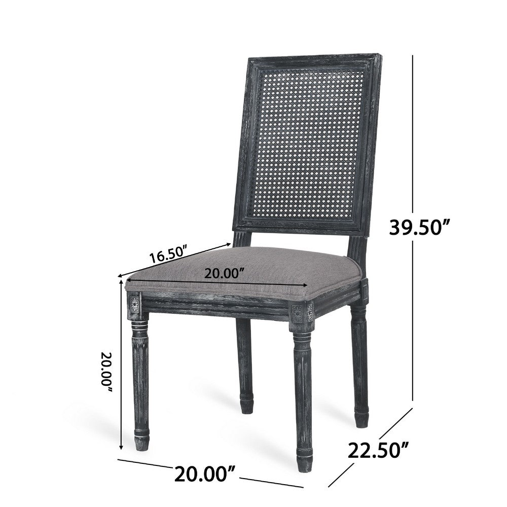 Roco Dining Chair Set of 2, Cane Backrest and Fluted Legs, Gray Fabric -BM335189