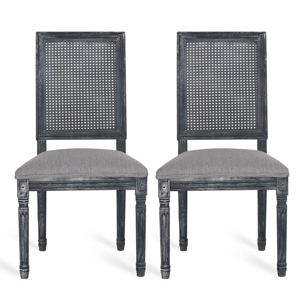 Roco Dining Chair Set of 2, Cane Backrest and Fluted Legs, Gray Fabric -BM335189