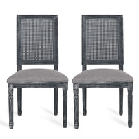 Roco Dining Chair Set of 2, Cane Backrest and Fluted Legs, Gray Fabric -BM335189