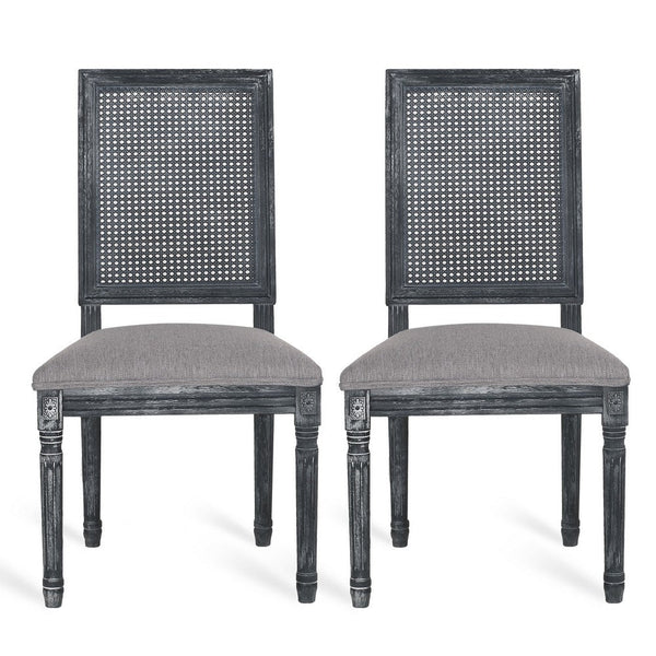 Roco Dining Chair Set of 2, Cane Backrest and Fluted Legs, Gray Fabric -BM335189