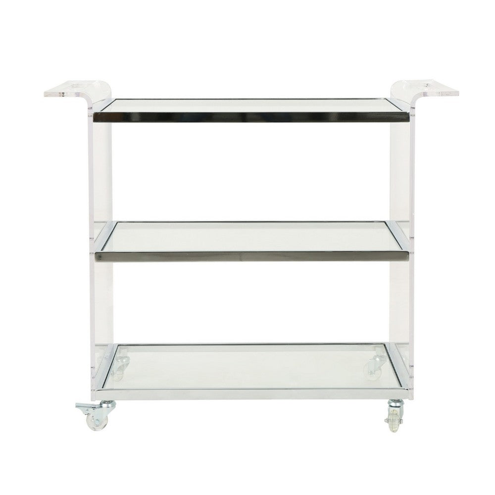 Manya Rolling Bar Cart, 2 Tempered Glass Shelves, Clear Acrylic, White -BM335197