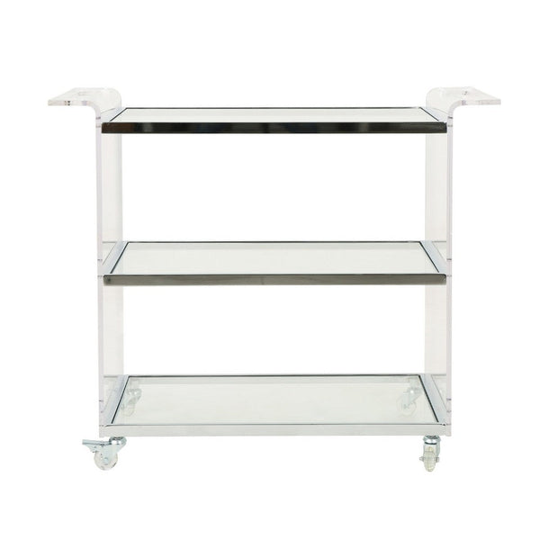 Manya Rolling Bar Cart, 2 Tempered Glass Shelves, Clear Acrylic, White -BM335197