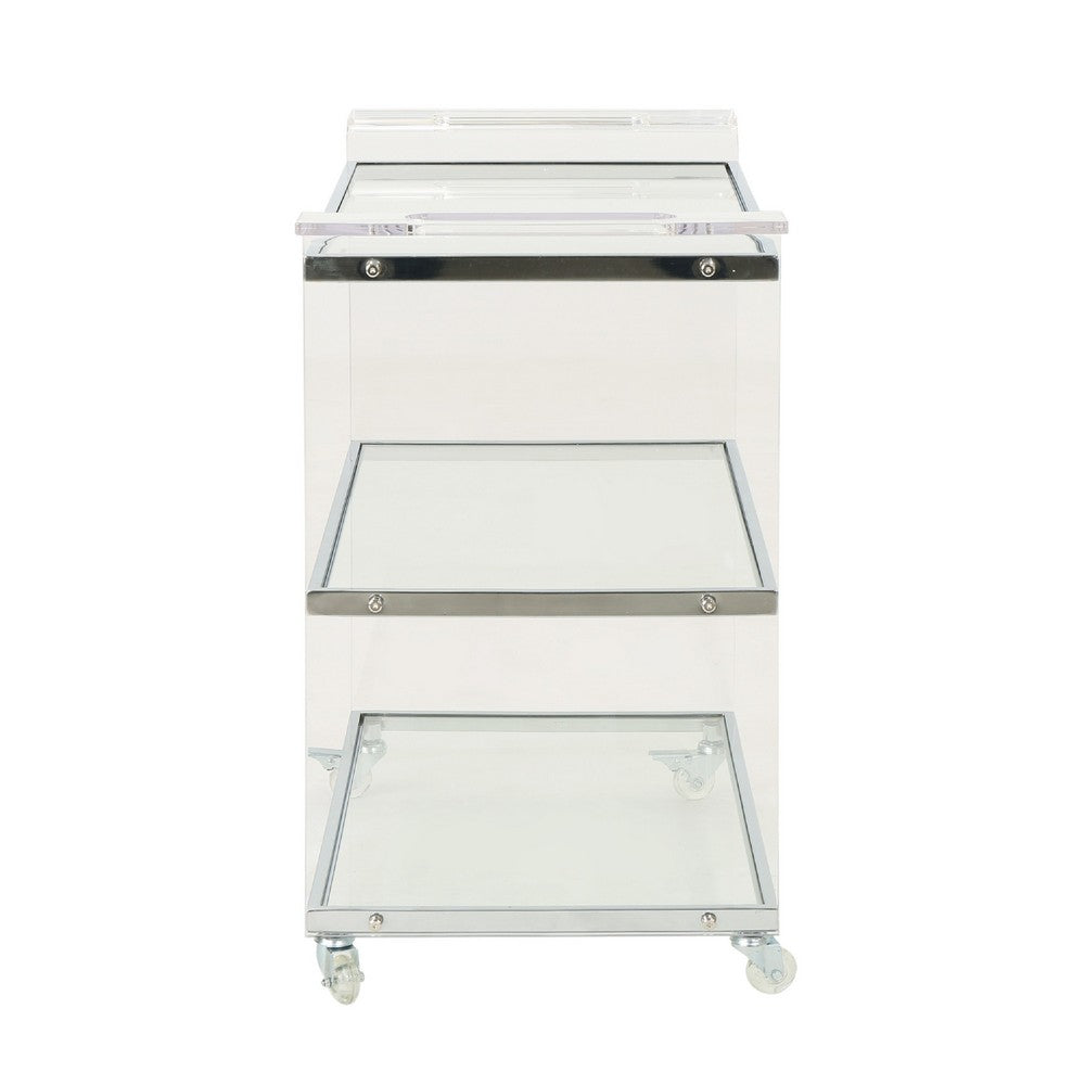 Manya Rolling Bar Cart, 2 Tempered Glass Shelves, Clear Acrylic, White -BM335197