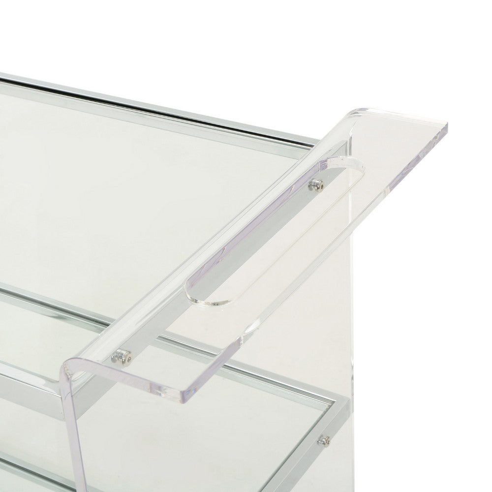 Manya Rolling Bar Cart, 2 Tempered Glass Shelves, Clear Acrylic, White -BM335197