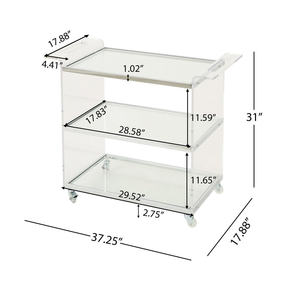 Manya Rolling Bar Cart, 2 Tempered Glass Shelves, Clear Acrylic, White -BM335197