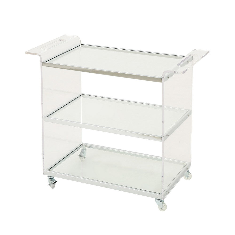 Manya Rolling Bar Cart, 2 Tempered Glass Shelves, Clear Acrylic, White -BM335197