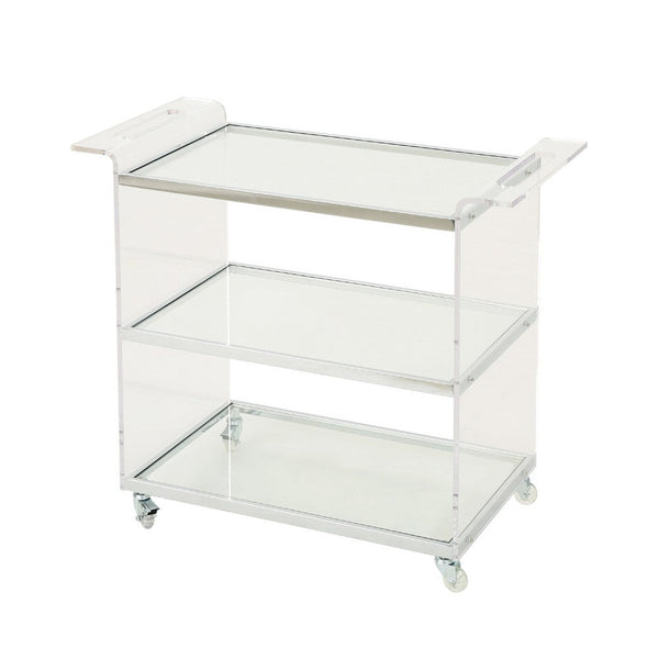 Manya Rolling Bar Cart, 2 Tempered Glass Shelves, Clear Acrylic, White -BM335197