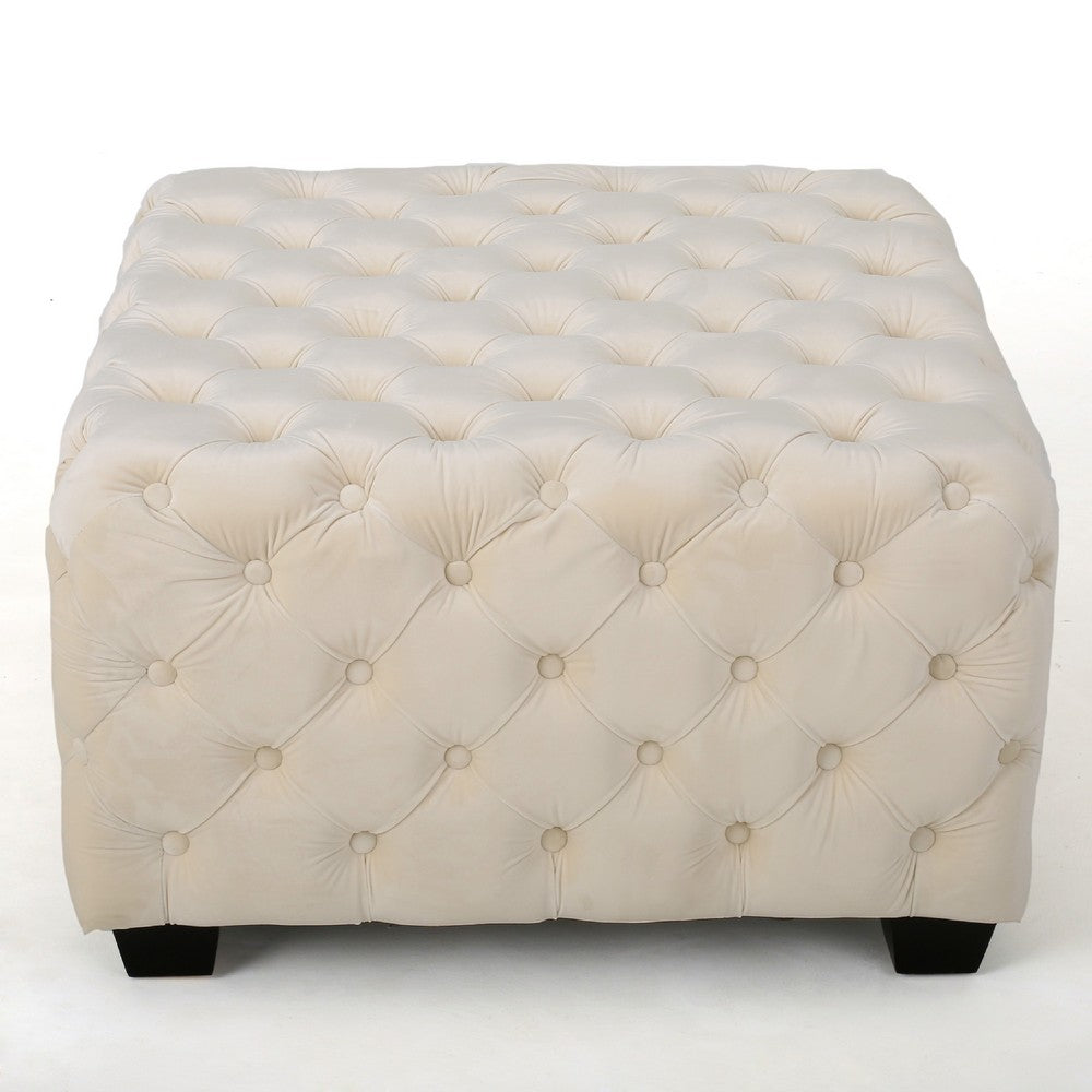 Lavie Ottoman, Tapered Legs, Ivory Diamond Stitch Velvet, 29 Inch -BM335199