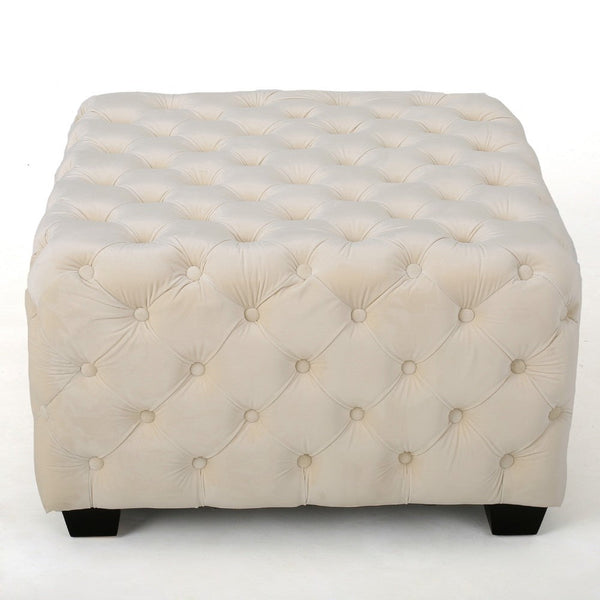Lavie Ottoman, Tapered Legs, Ivory Diamond Stitch Velvet, 29 Inch -BM335199
