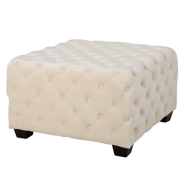 Lavie Ottoman, Tapered Legs, Ivory Diamond Stitch Velvet, 29 Inch -BM335199