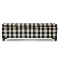 Flash Ottoman Bench with Built In Storage, Black, Cream Plaid, 51 Inch -BM335204
