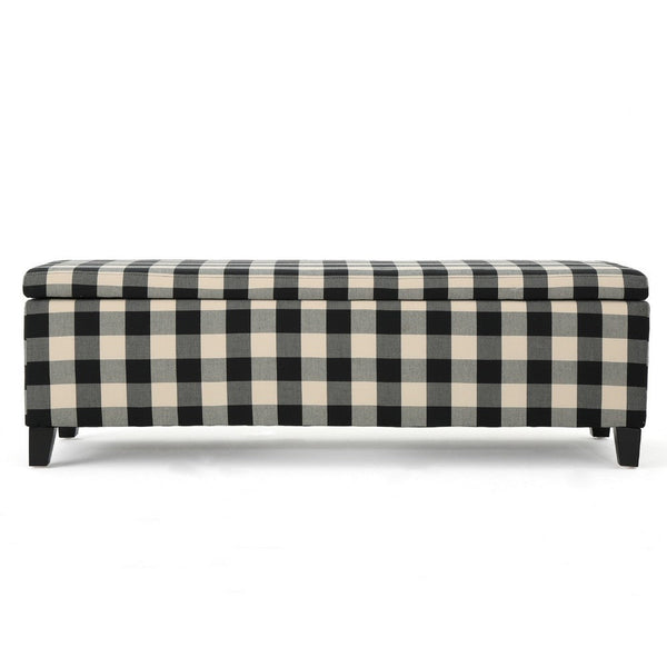Flash Ottoman Bench with Built In Storage, Black, Cream Plaid, 51 Inch -BM335204