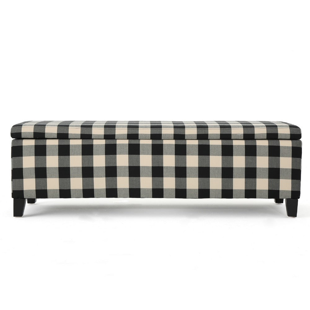 Flash Ottoman Bench with Built In Storage, Black, Cream Plaid, 51 Inch -BM335204