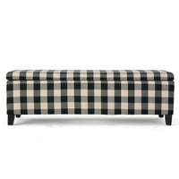 Flash Ottoman Bench with Built In Storage, Black, Cream Plaid, 51 Inch -BM335204