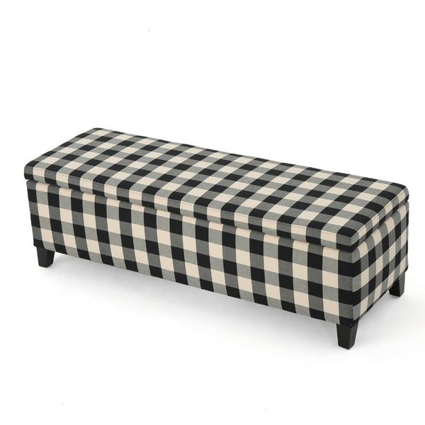 Flash Ottoman Bench with Built In Storage, Black, Cream Plaid, 51 Inch -BM335204