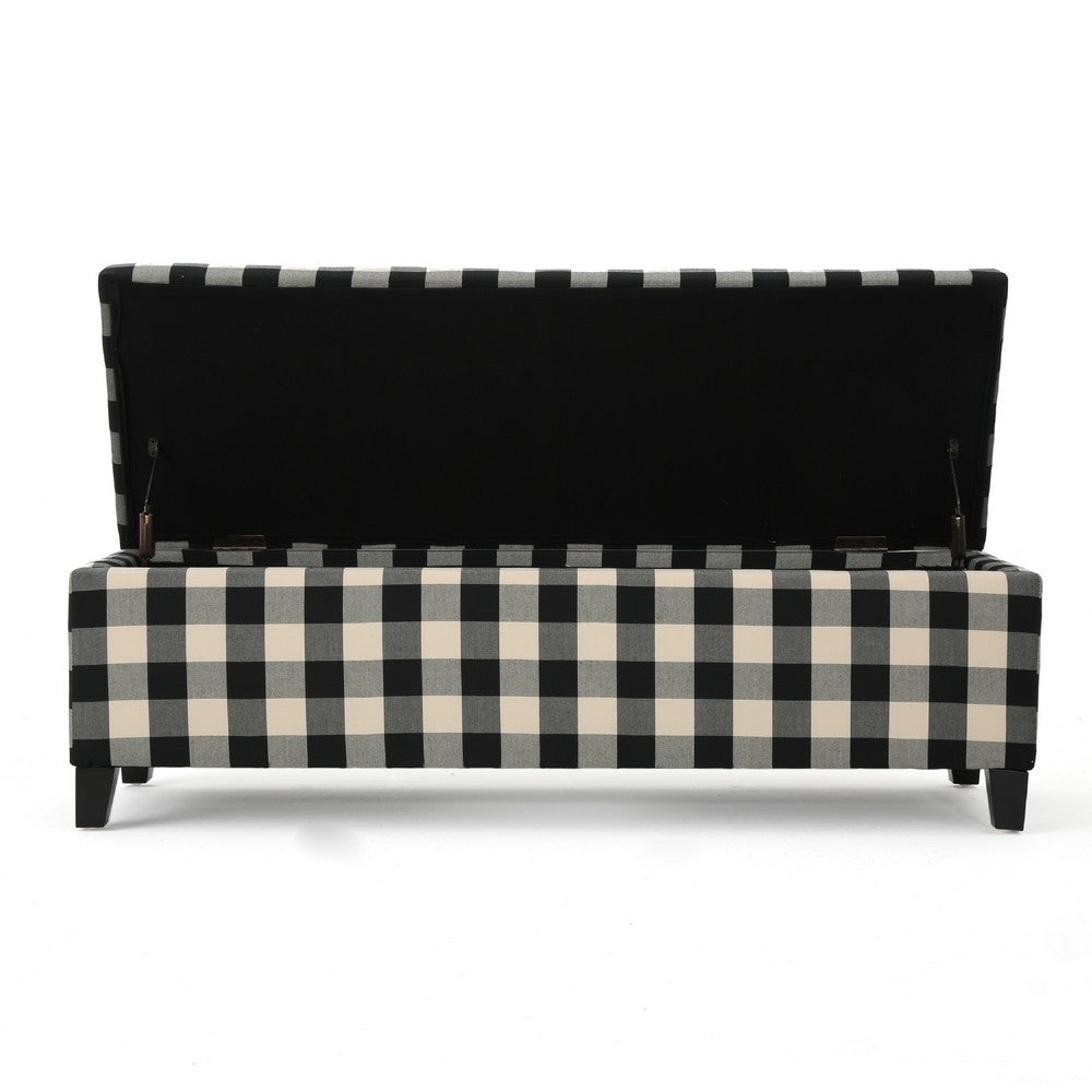 Flash Ottoman Bench with Built In Storage, Black, Cream Plaid, 51 Inch -BM335204