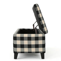 Flash Ottoman Bench with Built In Storage, Black, Cream Plaid, 51 Inch -BM335204