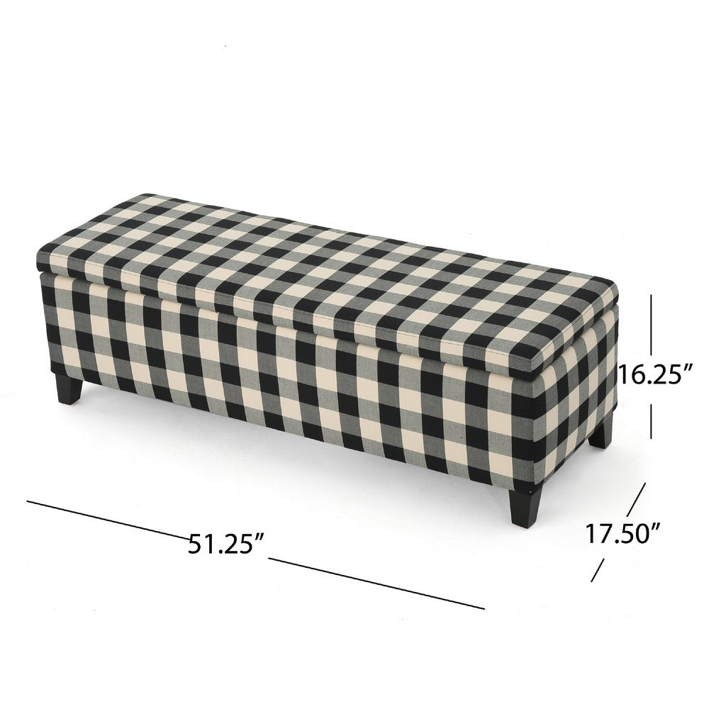 Flash Ottoman Bench with Built In Storage, Black, Cream Plaid, 51 Inch -BM335204