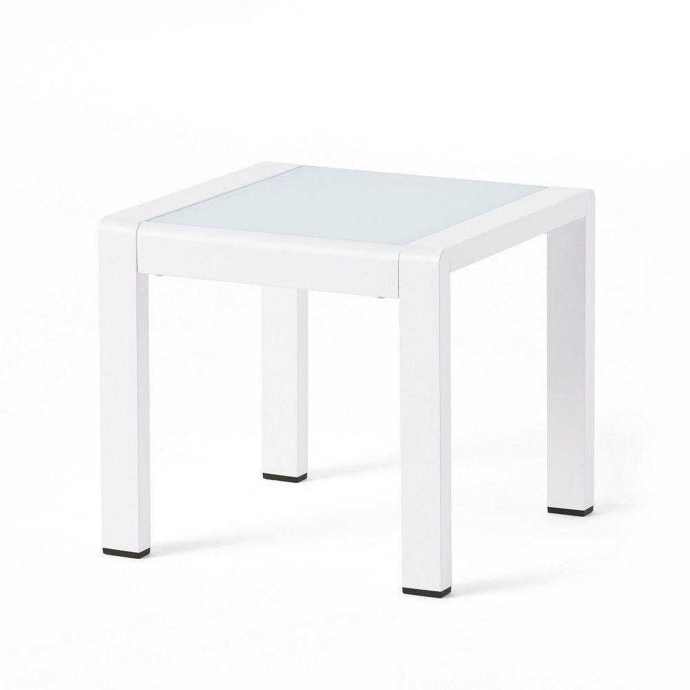 Mandy Outdoor Side Table, Opaque Glass Top, White Metal 20 Inch -BM335208
